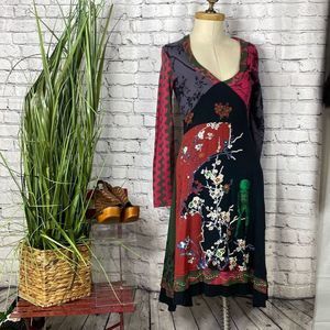 Desigual Fit & Flare Cotton V-Neck Artsy Colorful MIDI Dress large